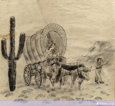 Family In Covered Wagon Crossing Desert - Typewritter ASCII Art 